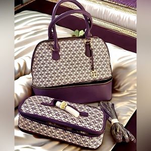 New IMAN Global Chic Logo Print Dome Satchel Purple & White w cosmetic case